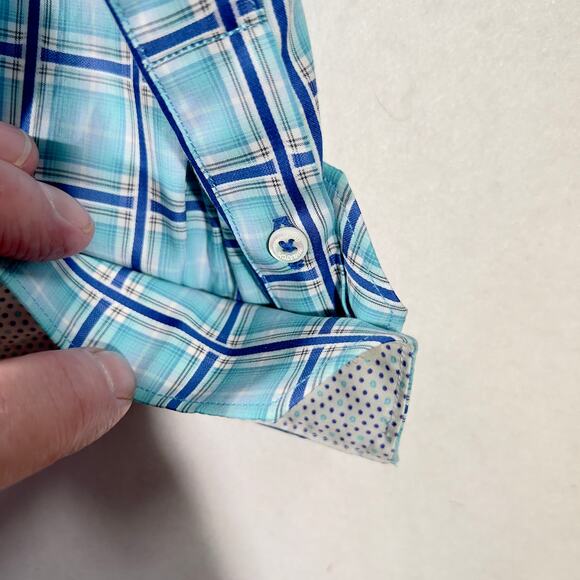 Bugatchi Uomo Button Shirt Men XXL ** Shaped Fit ** Flex Cuffs Blue White Check - Picture 11 of 13